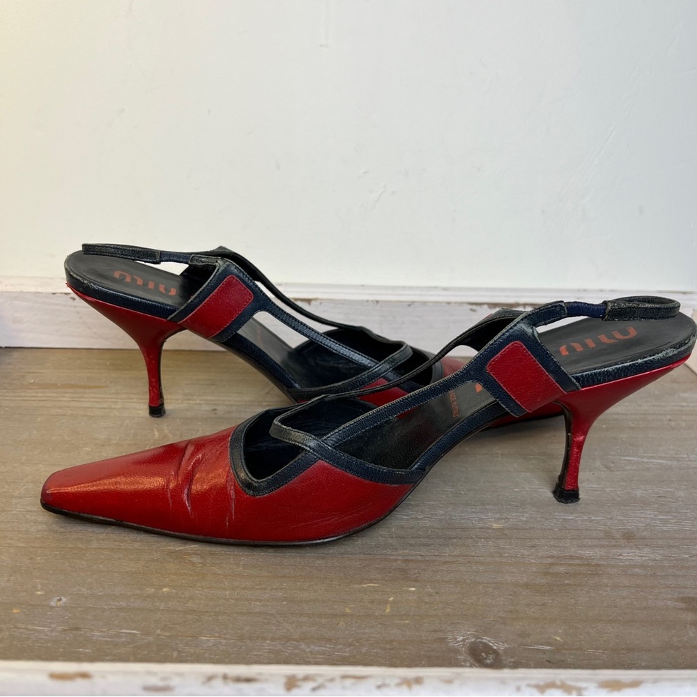 Miu Miu Red Leather Slingback Heels Square Toe Italy 38 Y2K Prada Grunge Punk - Picture 14 of 15